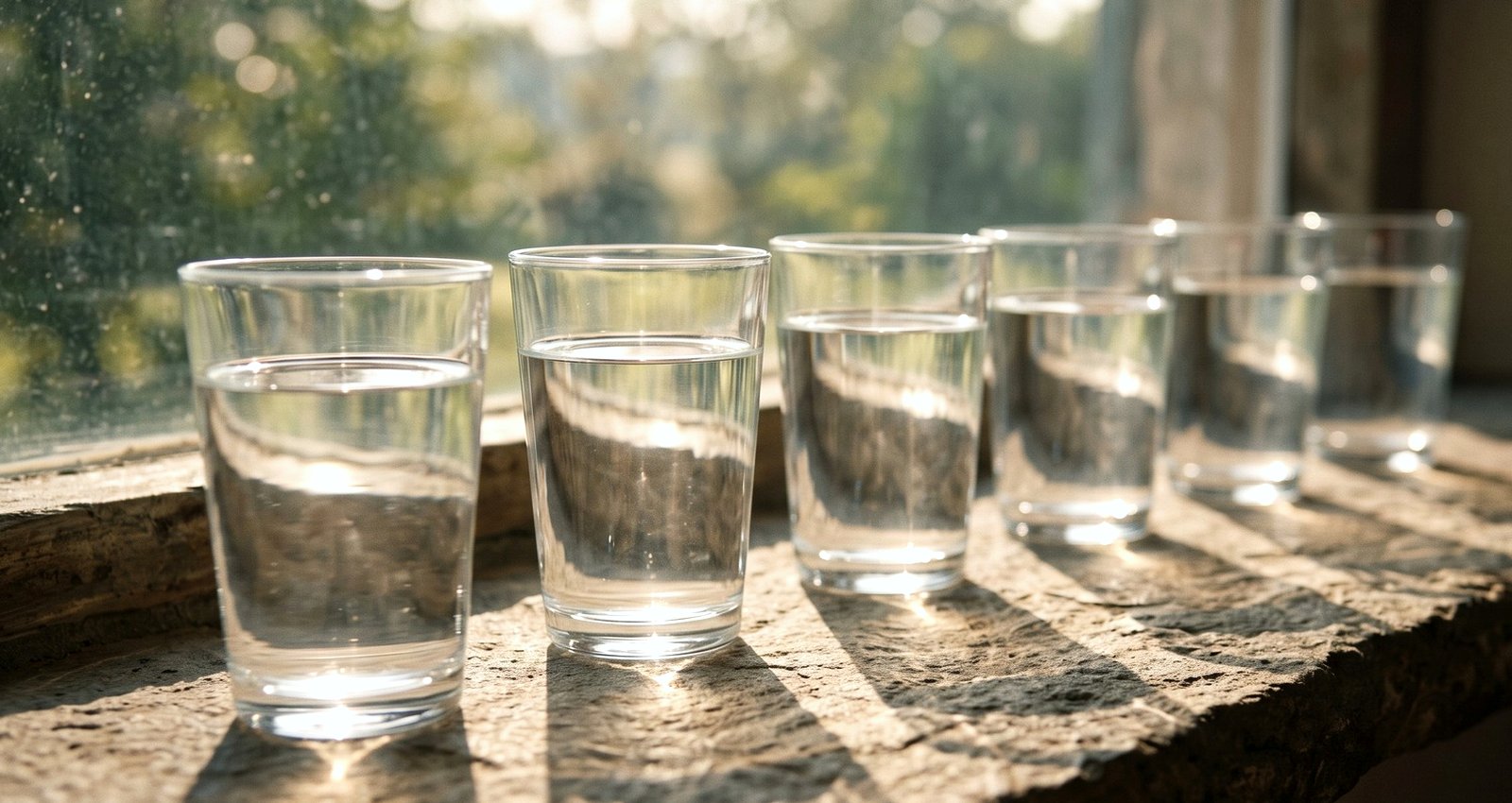 Identical glasses lined along a windowsill in morning light