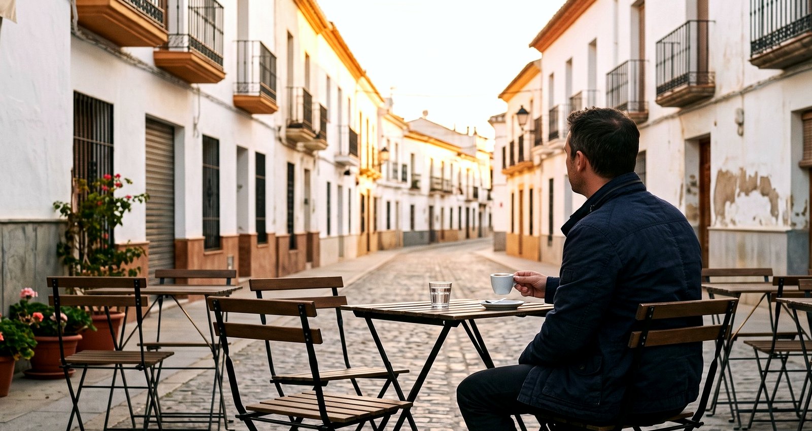 A man alone at an outdoor cafe table in the morning