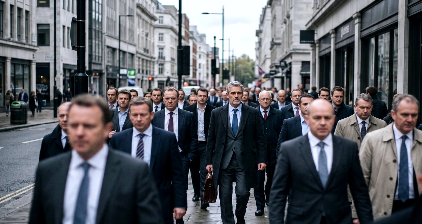 A busy street of men walking to work