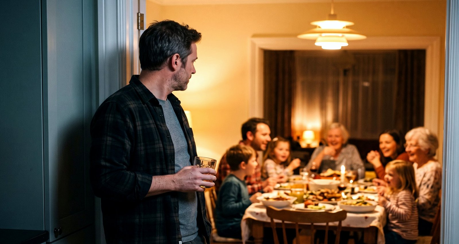 A man in a doorway watching a family dinner he is not part of