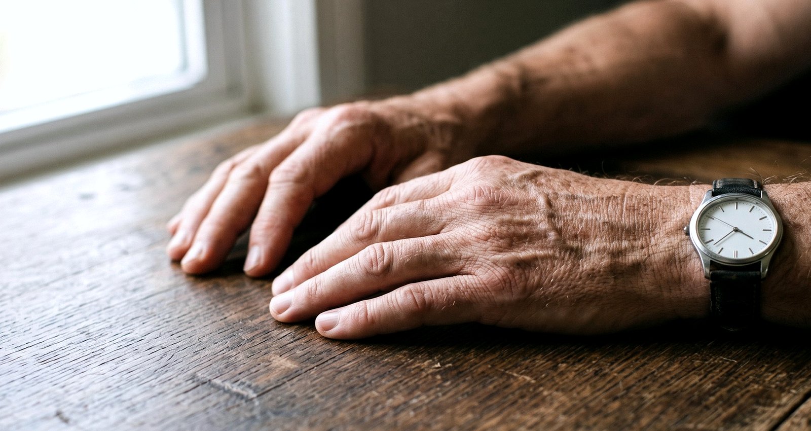 The hands of an older man resting on a wooden table