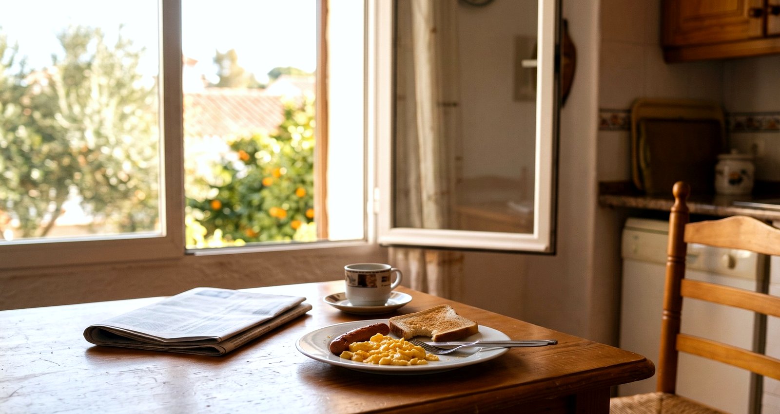 A breakfast left on a kitchen table by an open window