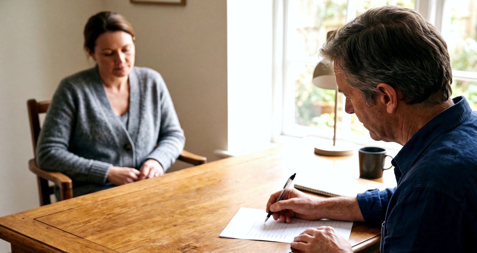 A doctor writing on a form with a patient sitting opposite