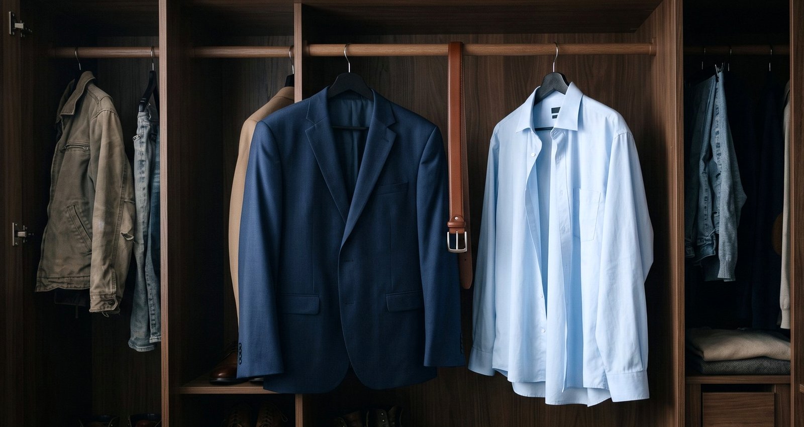 A suit and shirt hanging on a wardrobe rail, now too large