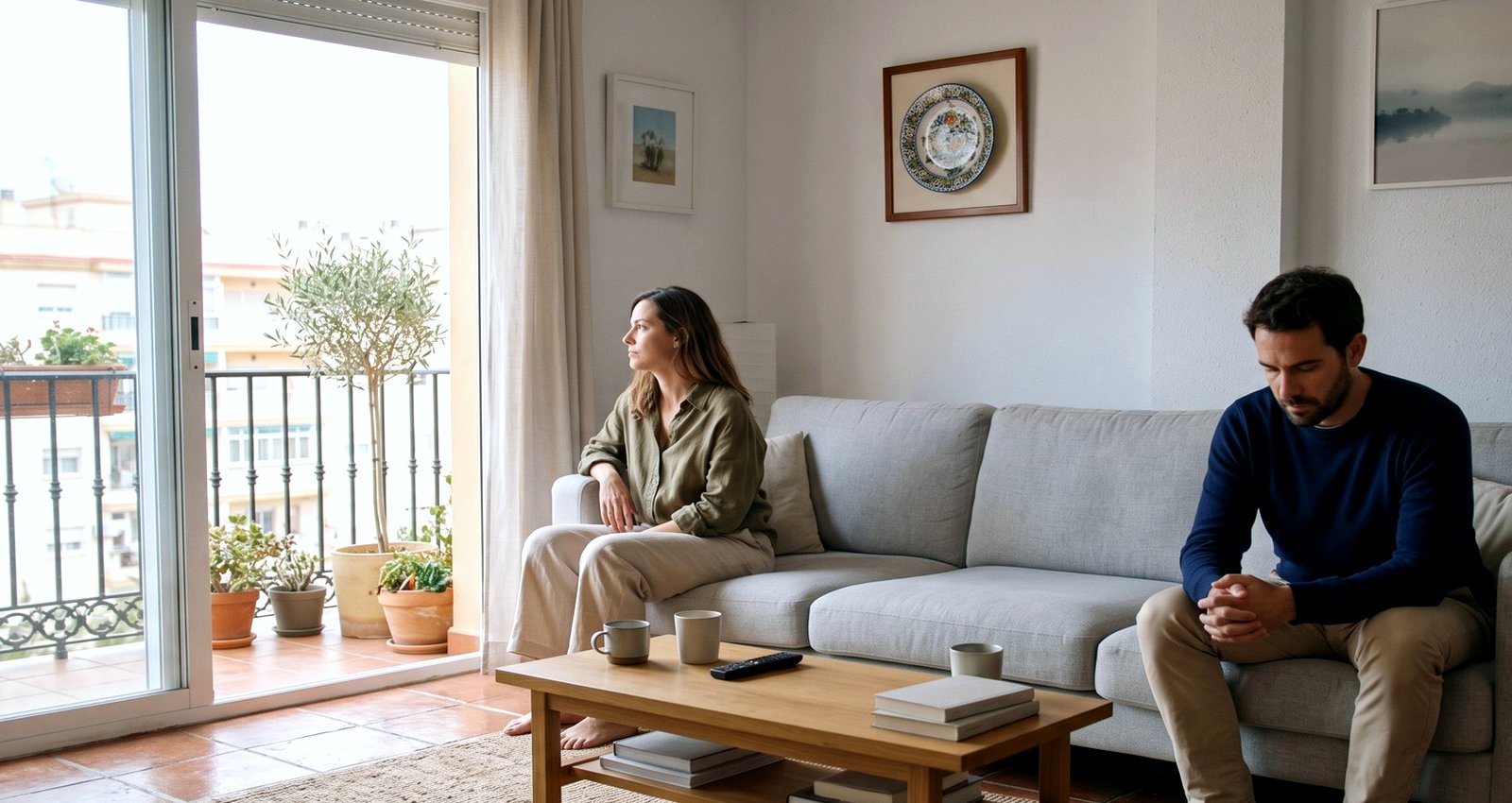 A couple sitting at either end of a sofa