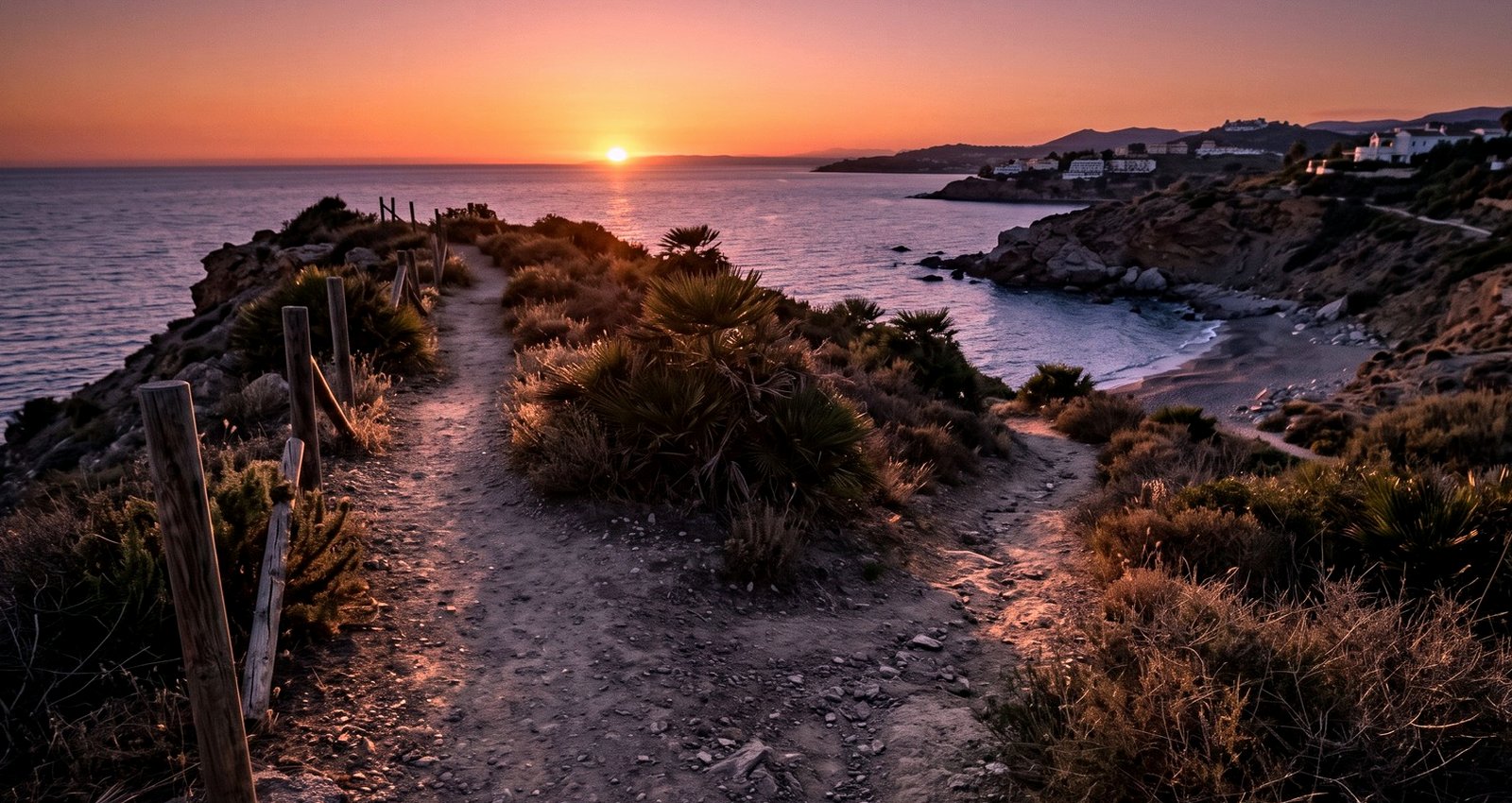 A coastal path dividing into two at dusk