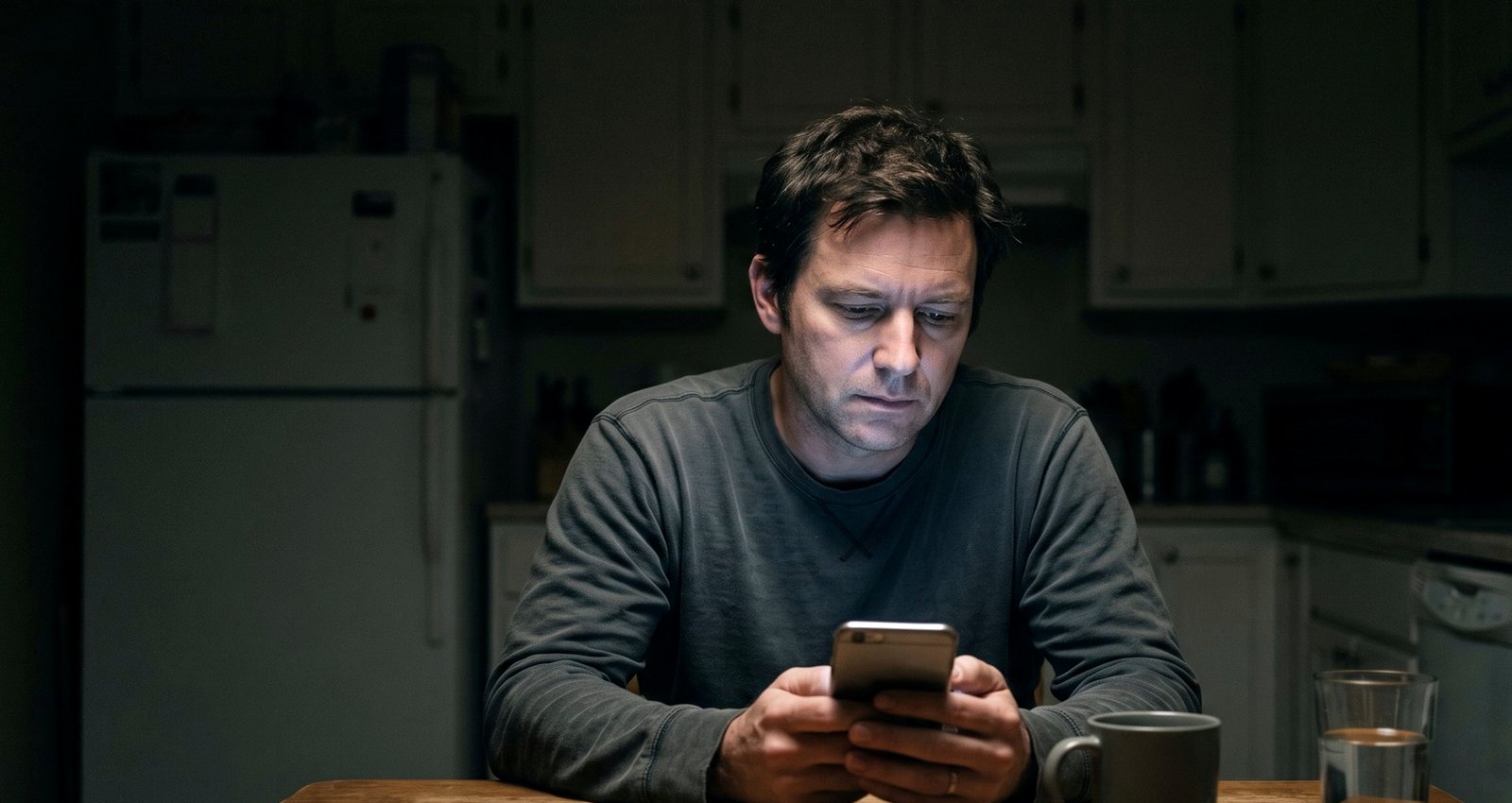 A man reading something on his phone at a dark kitchen table