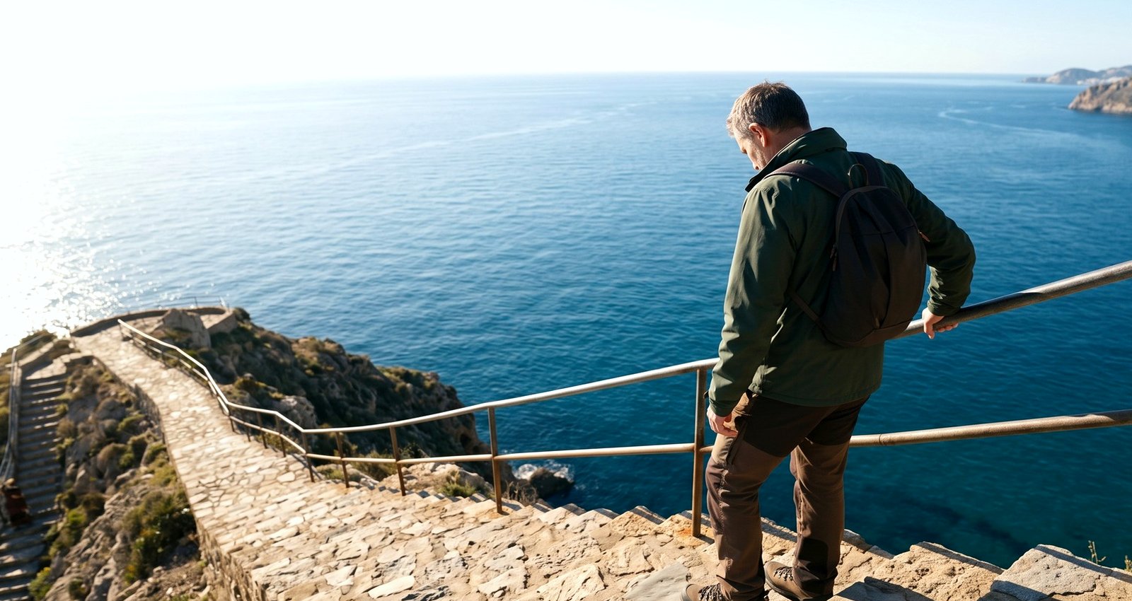 A man stopped at a railing on a coastal path above the sea