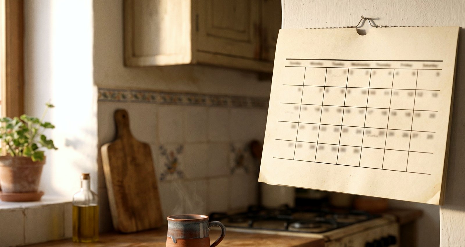 A paper wall calendar in a kitchen in morning light