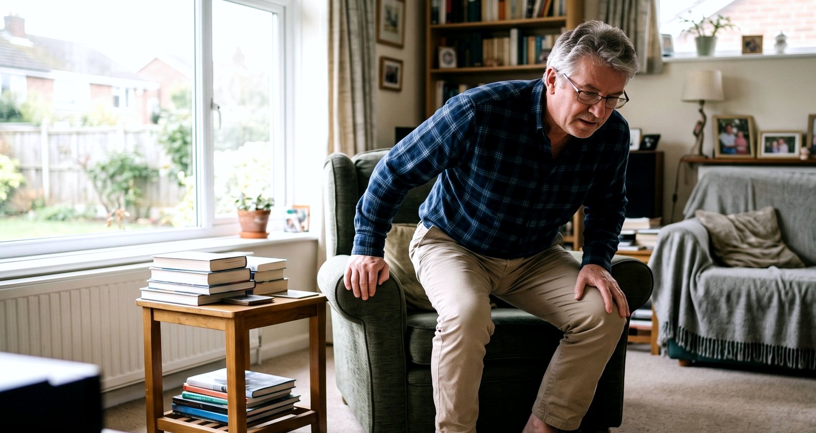 A man getting up out of a low armchair with a hand on his knee