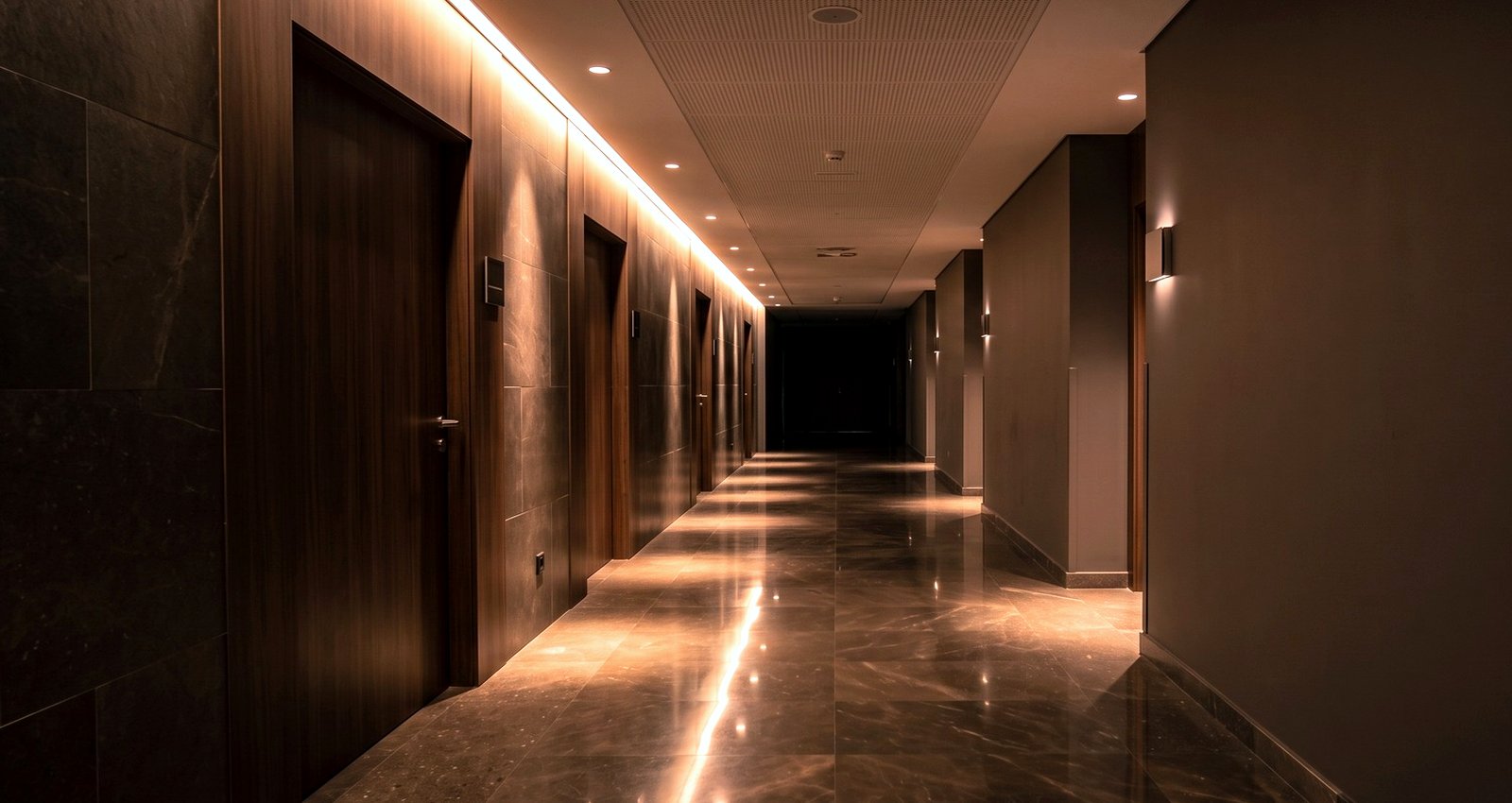 A quiet private clinic corridor at night