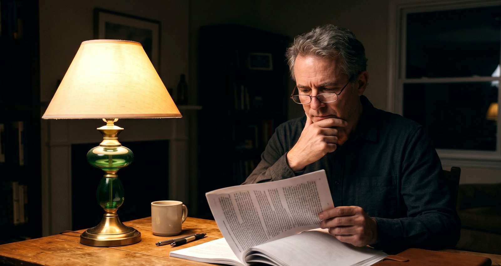A man reading a printed document at a desk by lamplight