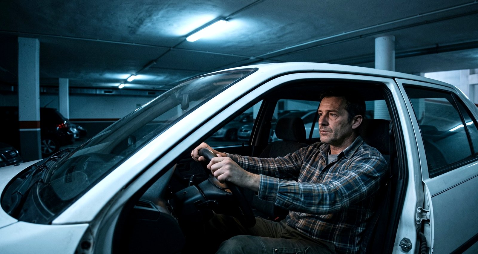 A man sitting in his parked car with the engine off