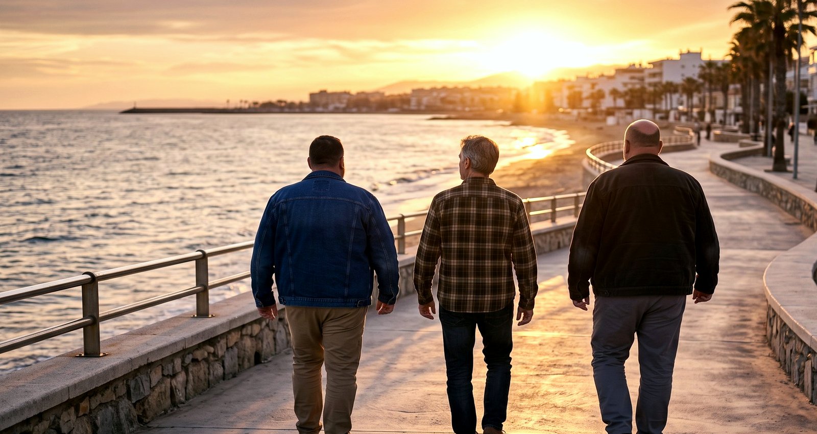 Three men of different builds walking a seafront at dusk