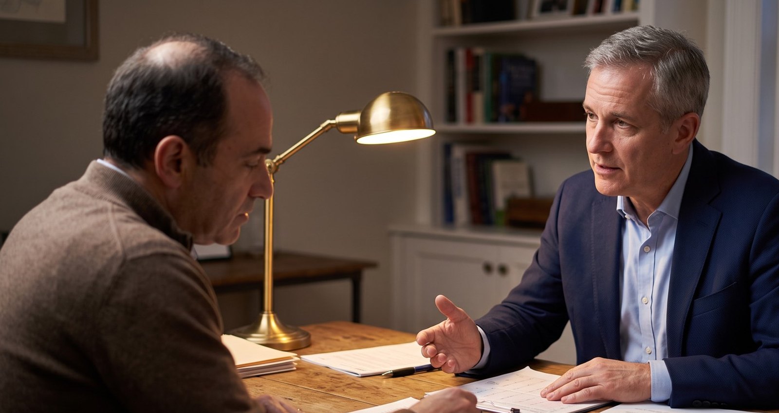 Two men in conversation across a desk