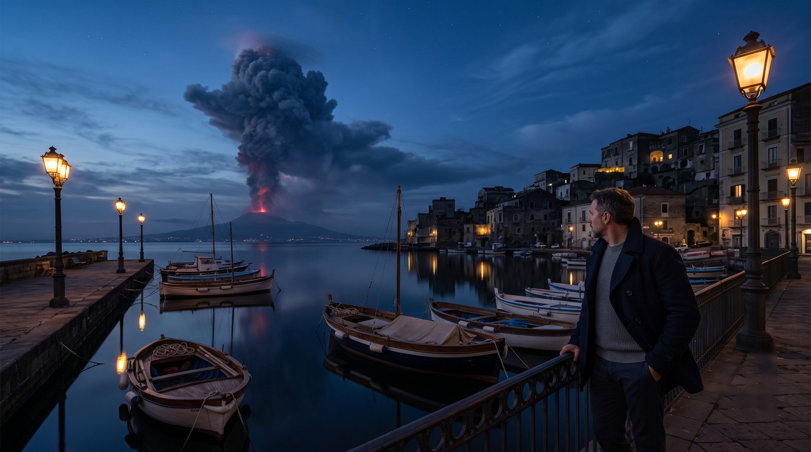 A volcanic ash plume towering over a still bay at blue hour, one man at the harbor railing