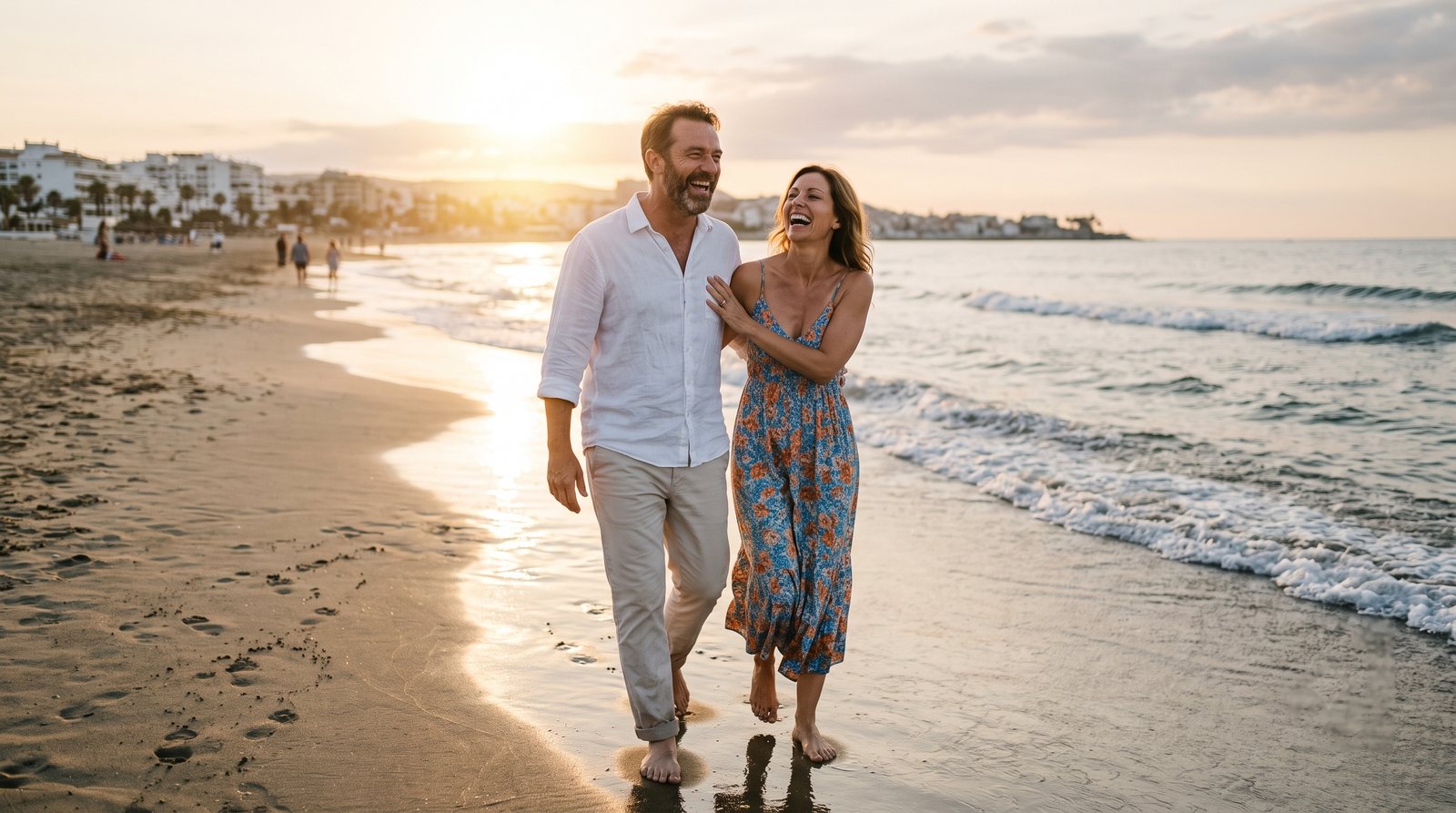 A couple walks the waterline at golden hour, laughing
