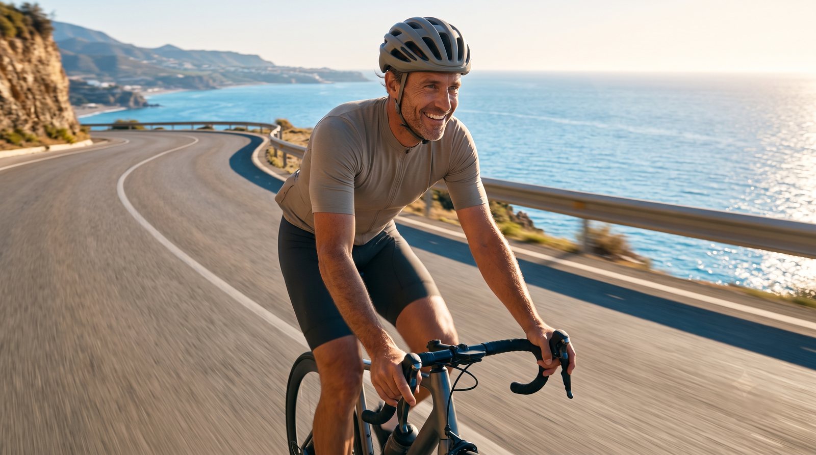 A man cycles a coastal road in the morning sun, smiling