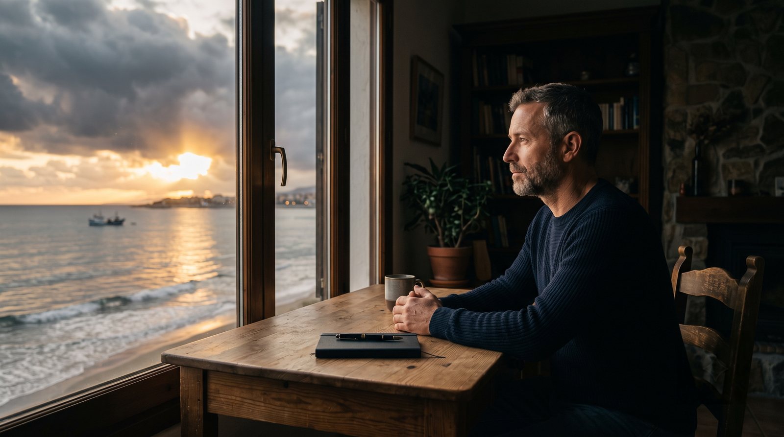 A man at a desk by a tall window at dawn, first light over the sea