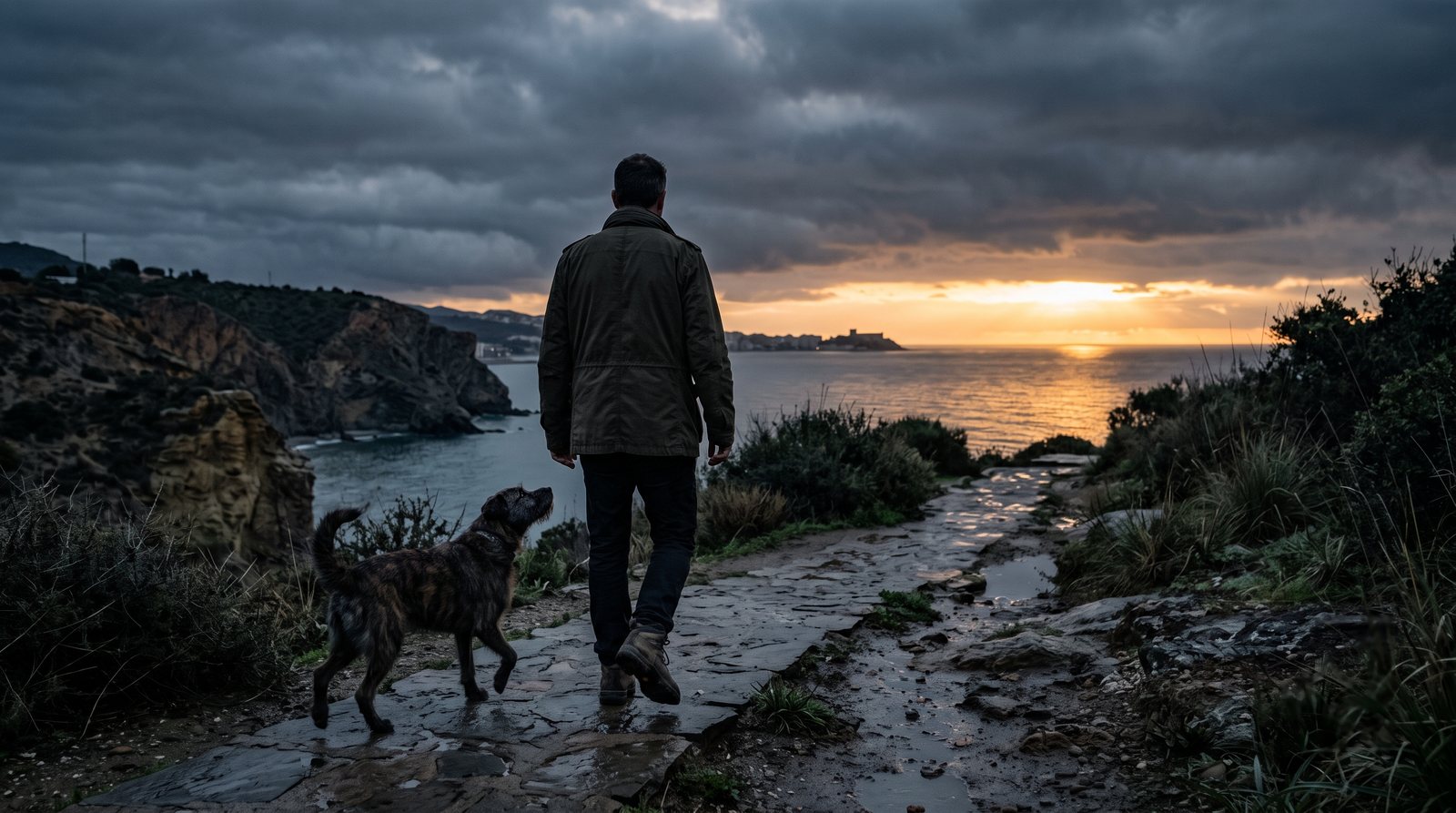 A man walks a coastal path at first light, his dog looking up at him