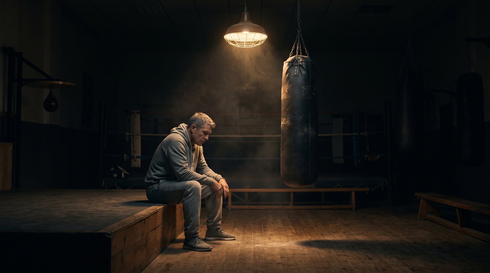 An old boxing gym at night, one lamp lit, a man sitting at the edge of the ring