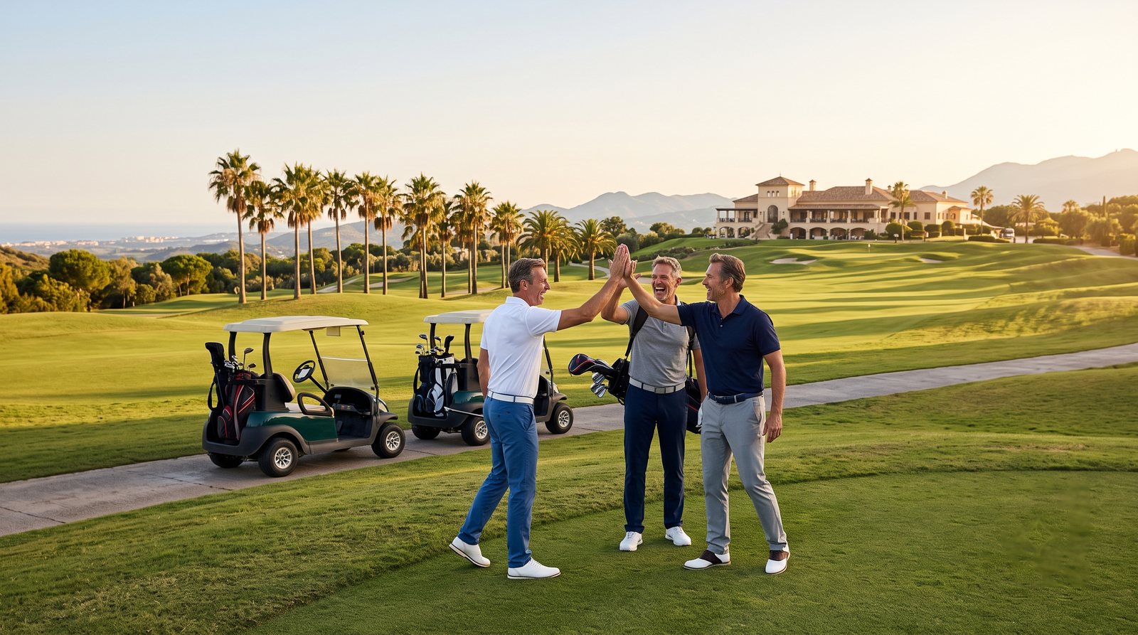 Three men celebrate on a golf course by the carts