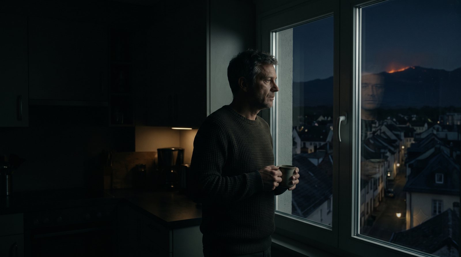 A man stands at his kitchen window at night, a faint orange glow on the horizon