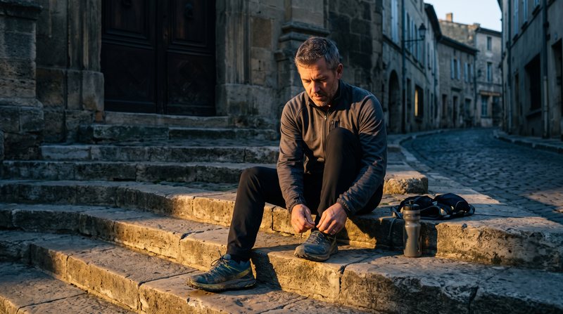 A man laces his shoes on old stone steps at first light