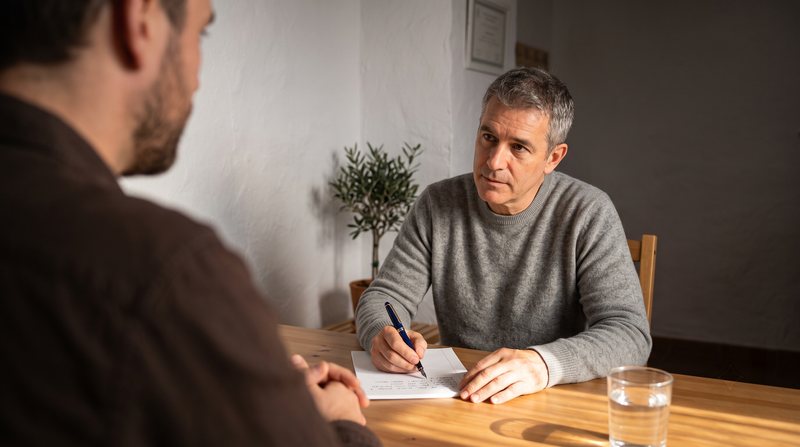A man in a gray sweater writes a handwritten note while listening