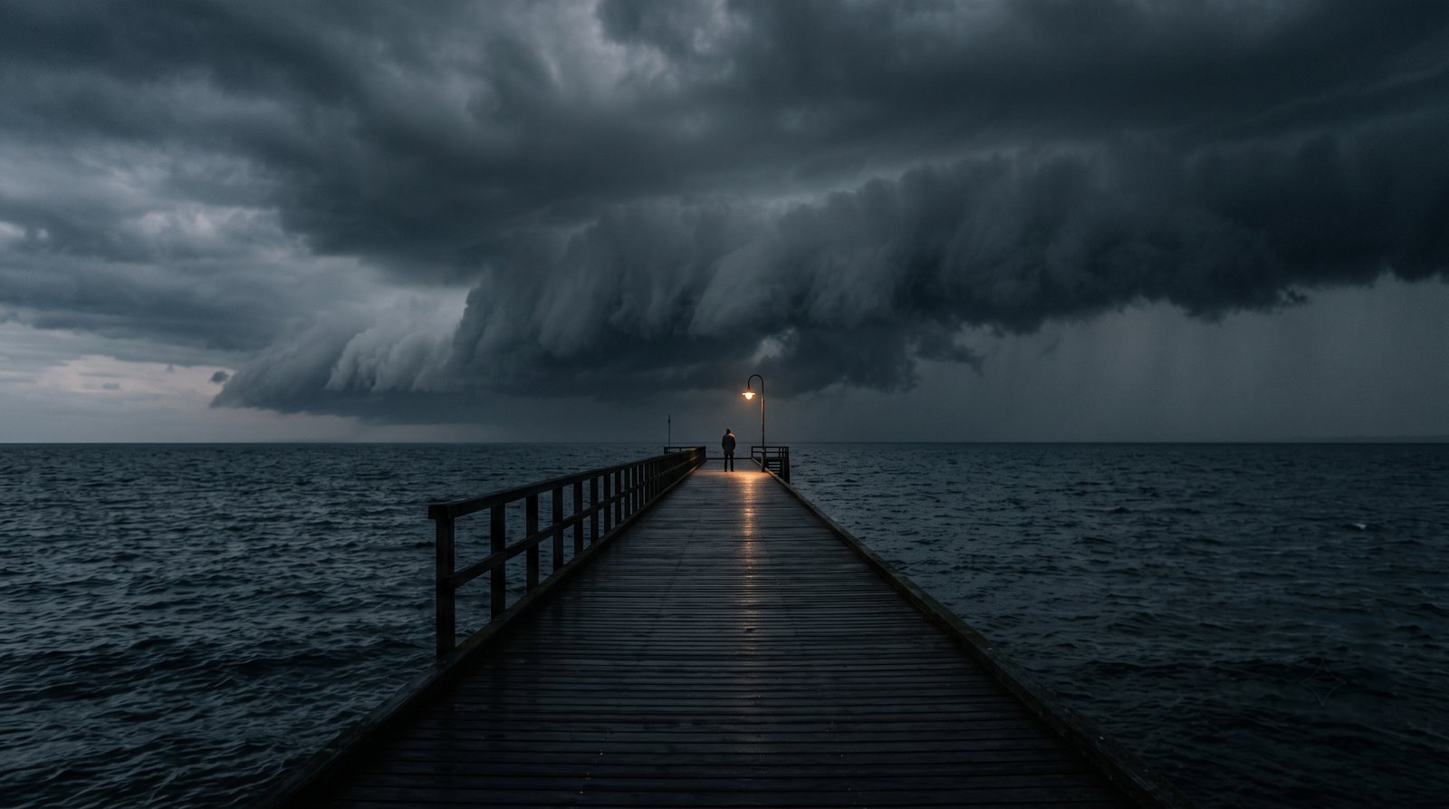 A man in a wool coat at the end of an empty pier facing a huge storm front