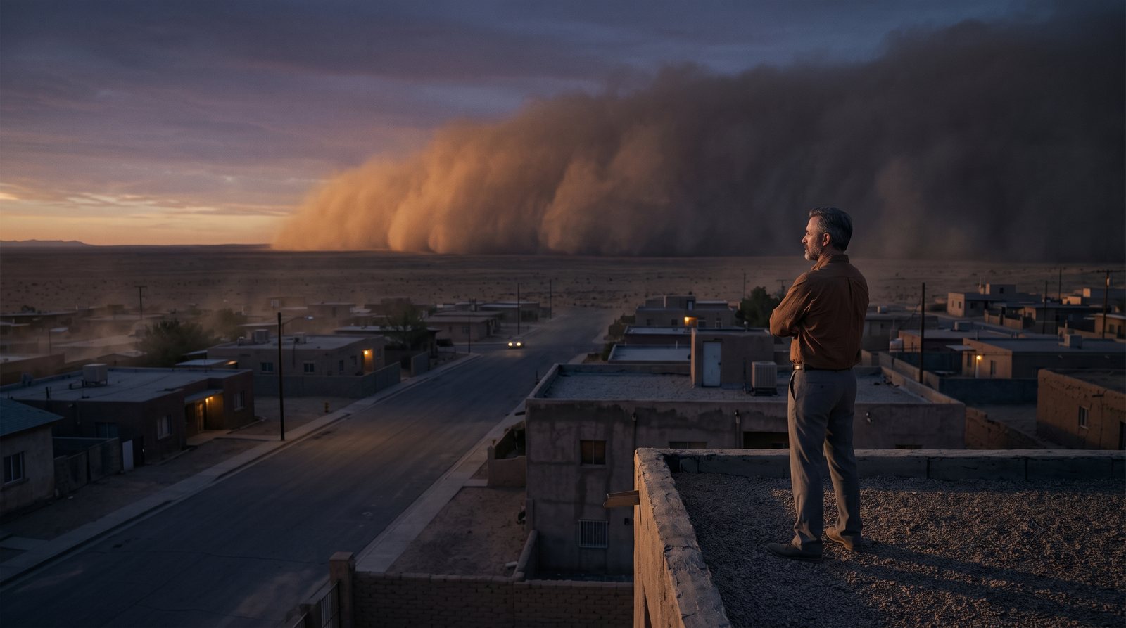 A wall of sandstorm advancing on a quiet town while one man watches from a rooftop