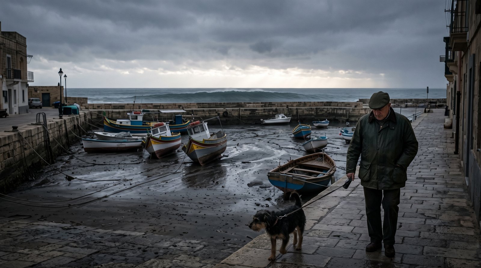 A harbor where the sea has drawn back, boats tilted on the sand, a man walking his dog on the promenade
