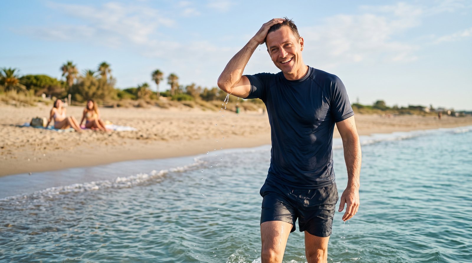 A man wades out of the sea in a swim shirt, smiling