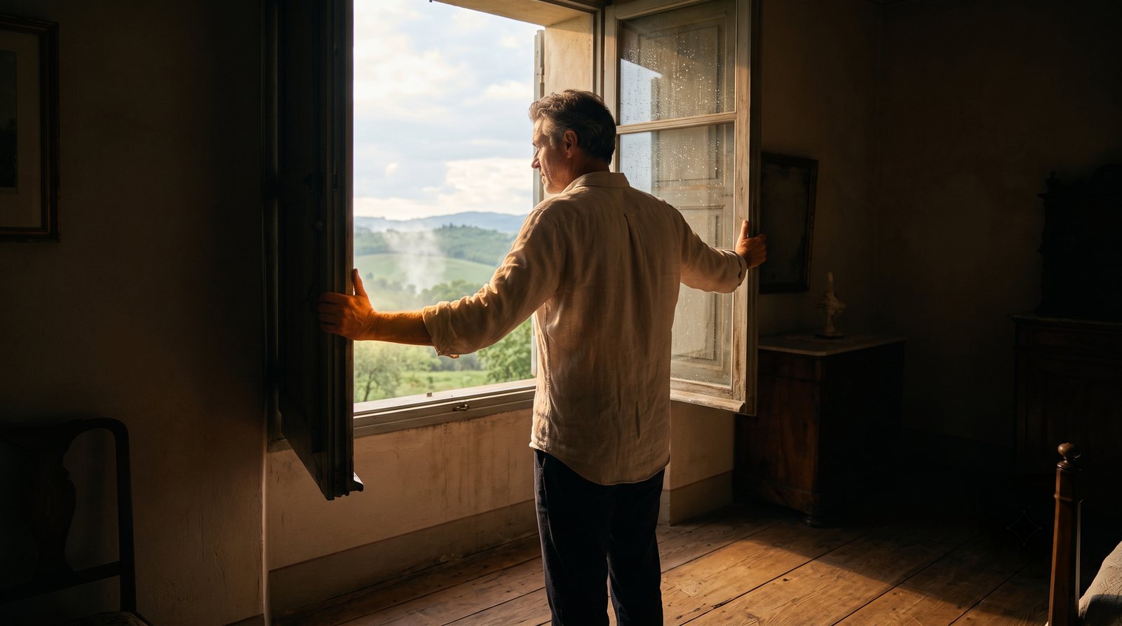 A man opens tall wooden shutters and morning light cuts across the dark room