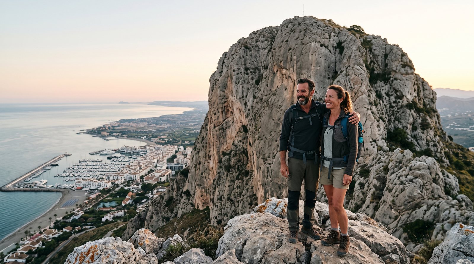 A couple stands on a rocky summit above a coastal marina