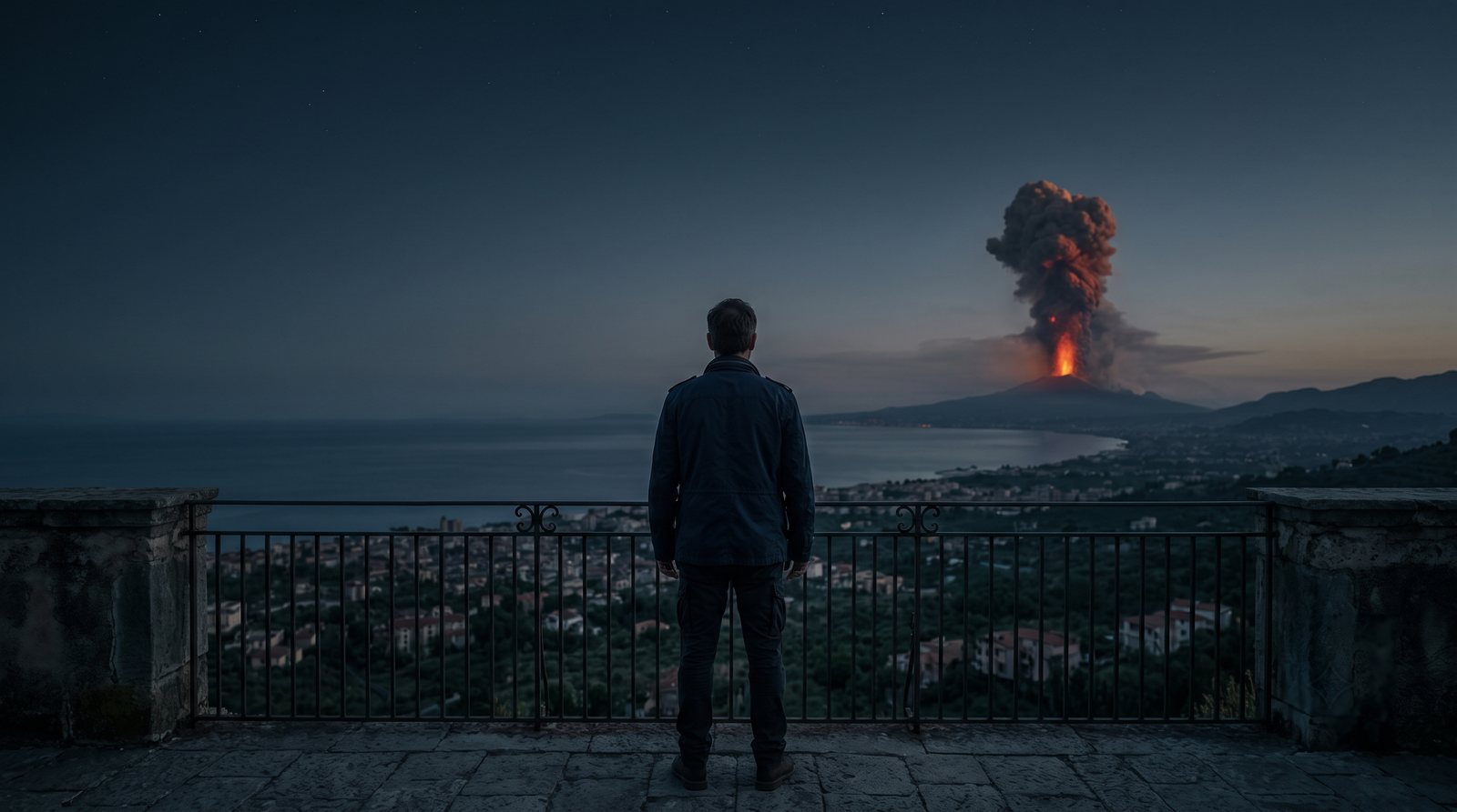 A man on a stone terrace at dusk watching a distant eruption begin over the coast