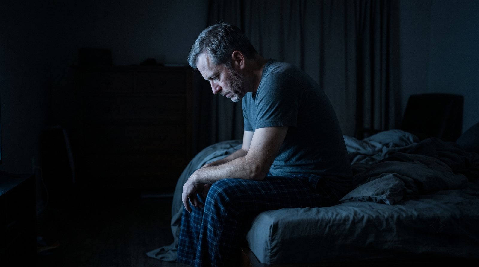 A man sits on the edge of his bed at night, lit by a screen out of frame