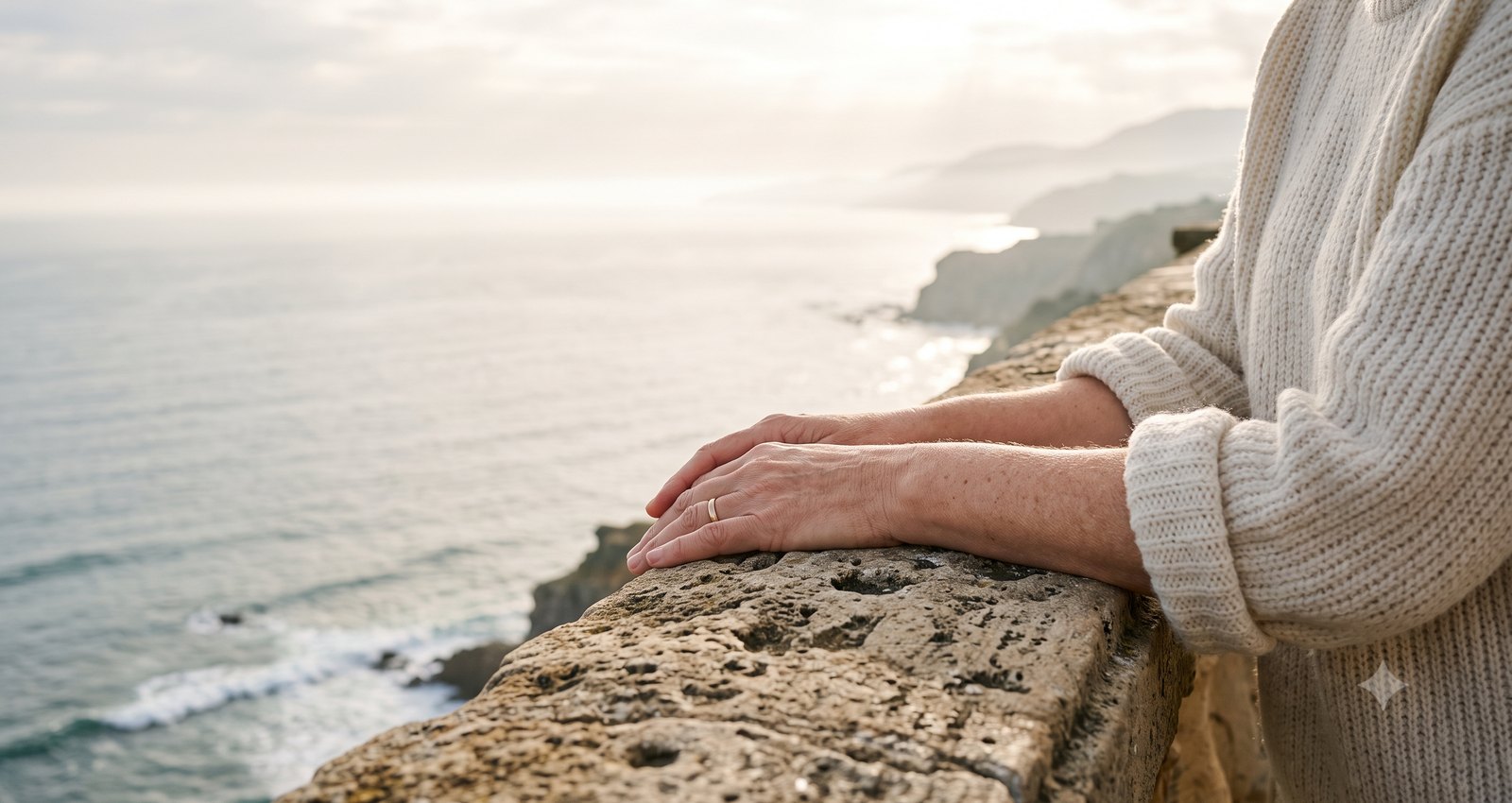 De handen van een vrouw op een stenen balustrade boven zee