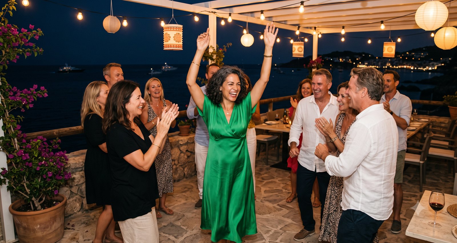 Vriendinnen dansen en lachen na het eten op een terras met lampionnen