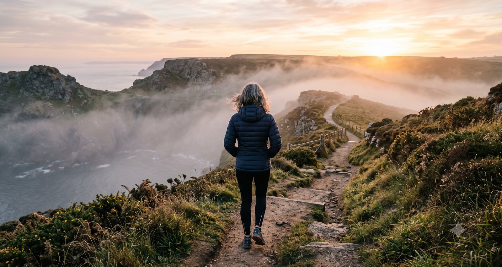 Een vrouw loopt bij zonsopkomst alleen over een kustpad door lage mist