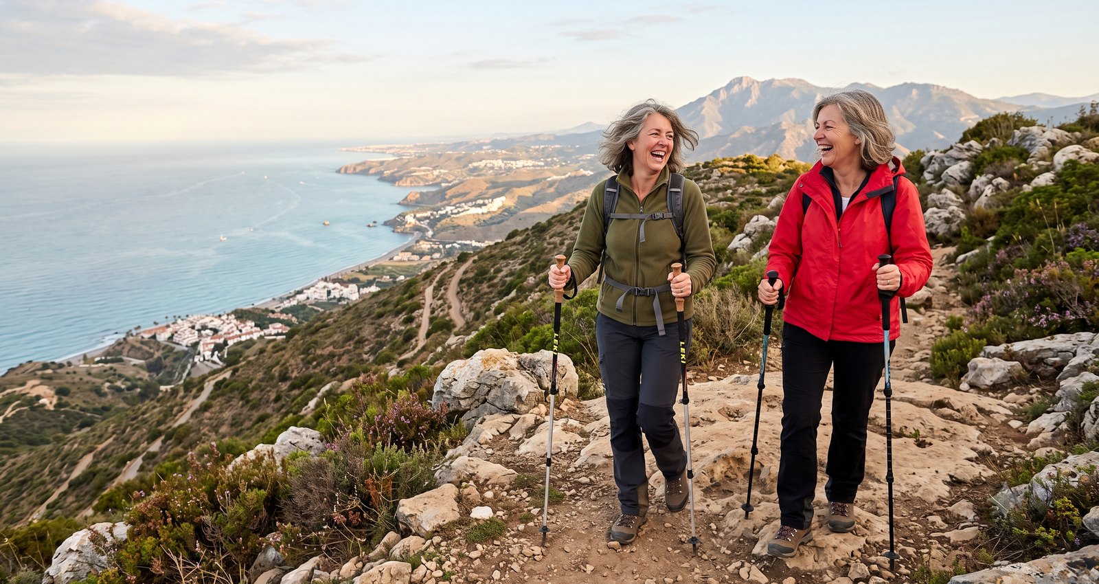 Twee vrouwen lachen boven op een heuvelpad boven de kust