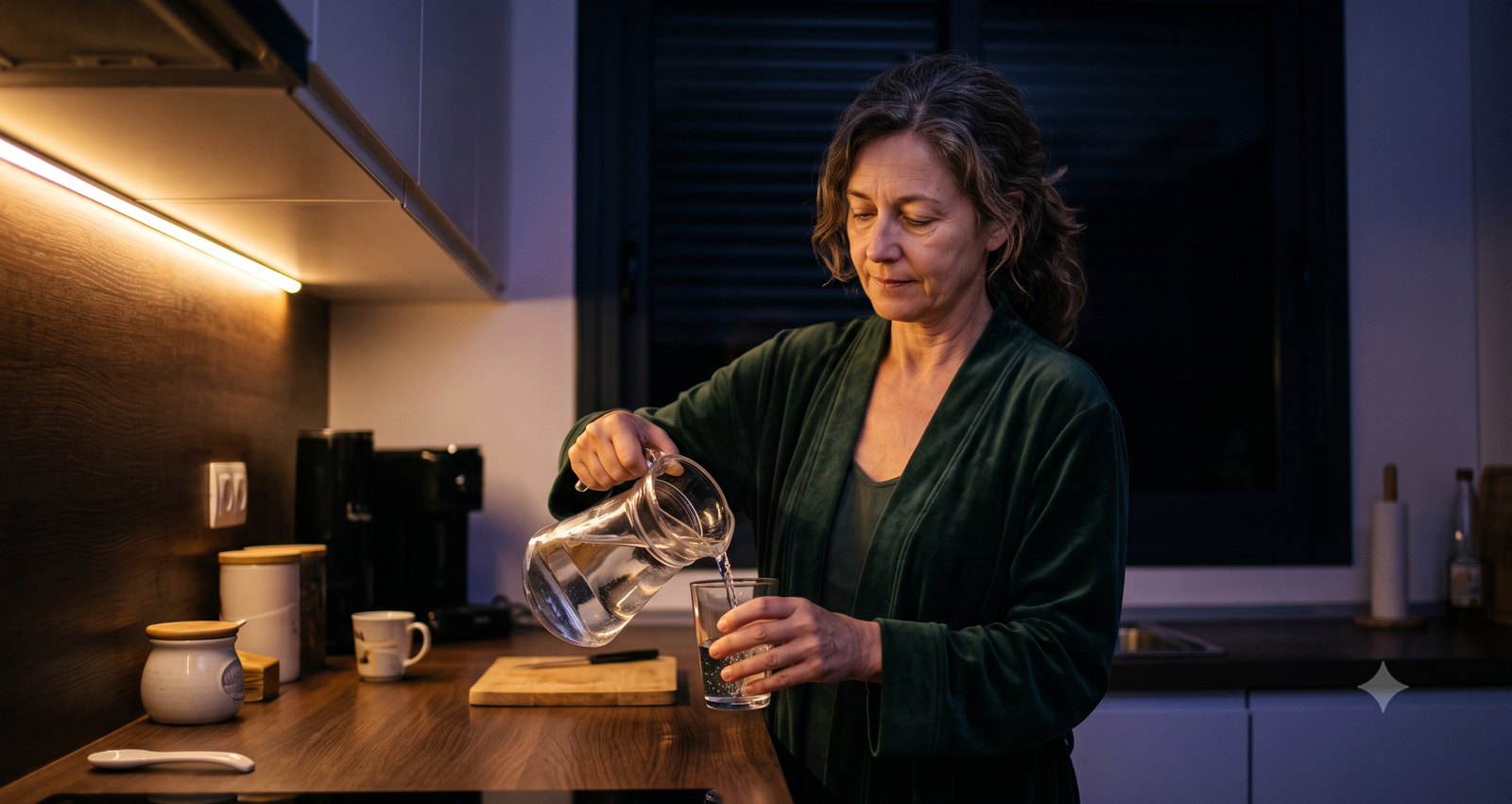 Een vrouw schenkt midden in de nacht een glas water in aan haar aanrecht
