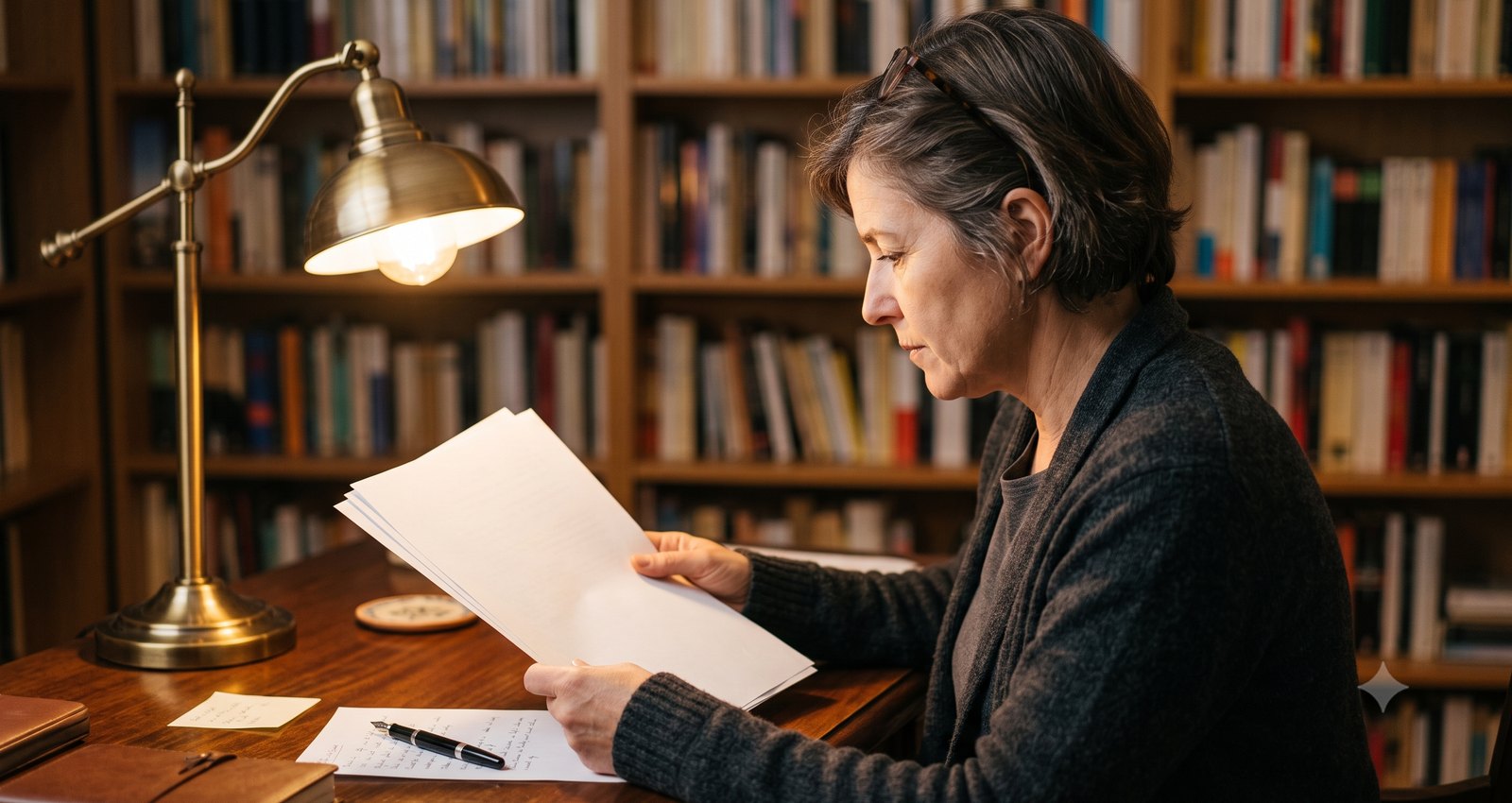 Een vrouw leest een geprint document bij lamplicht aan een bureau
