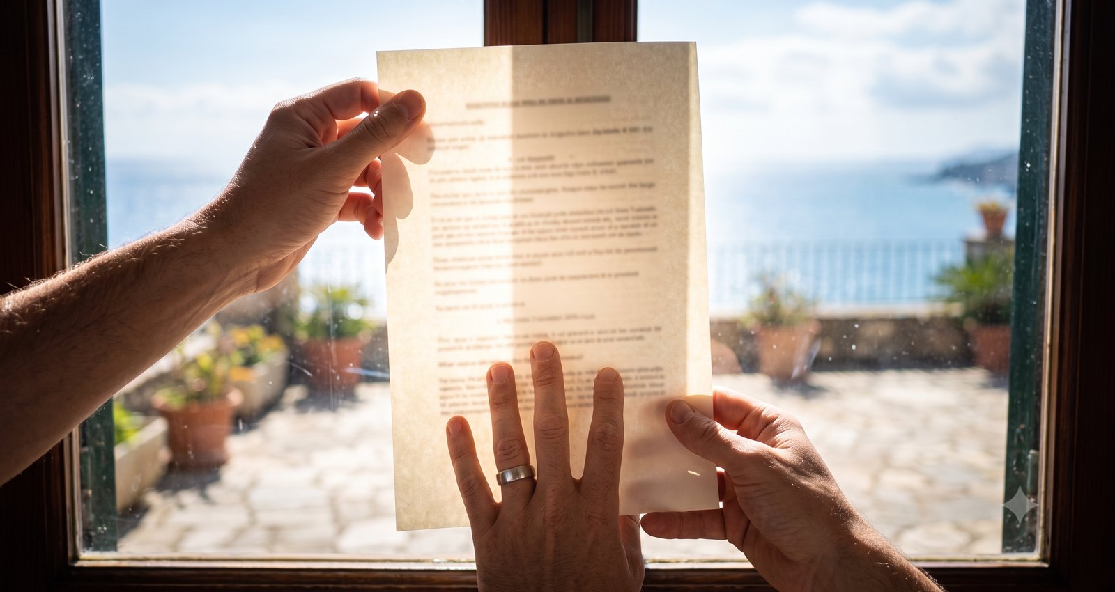 Twee handen houden een geprinte uitslag omhoog tegen het licht van een open raam