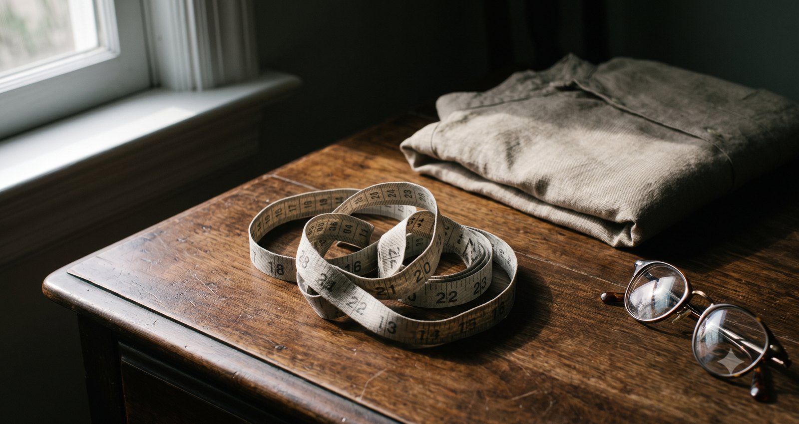 Een centimeter en een leesbril op een donker houten dressoir in raamlicht