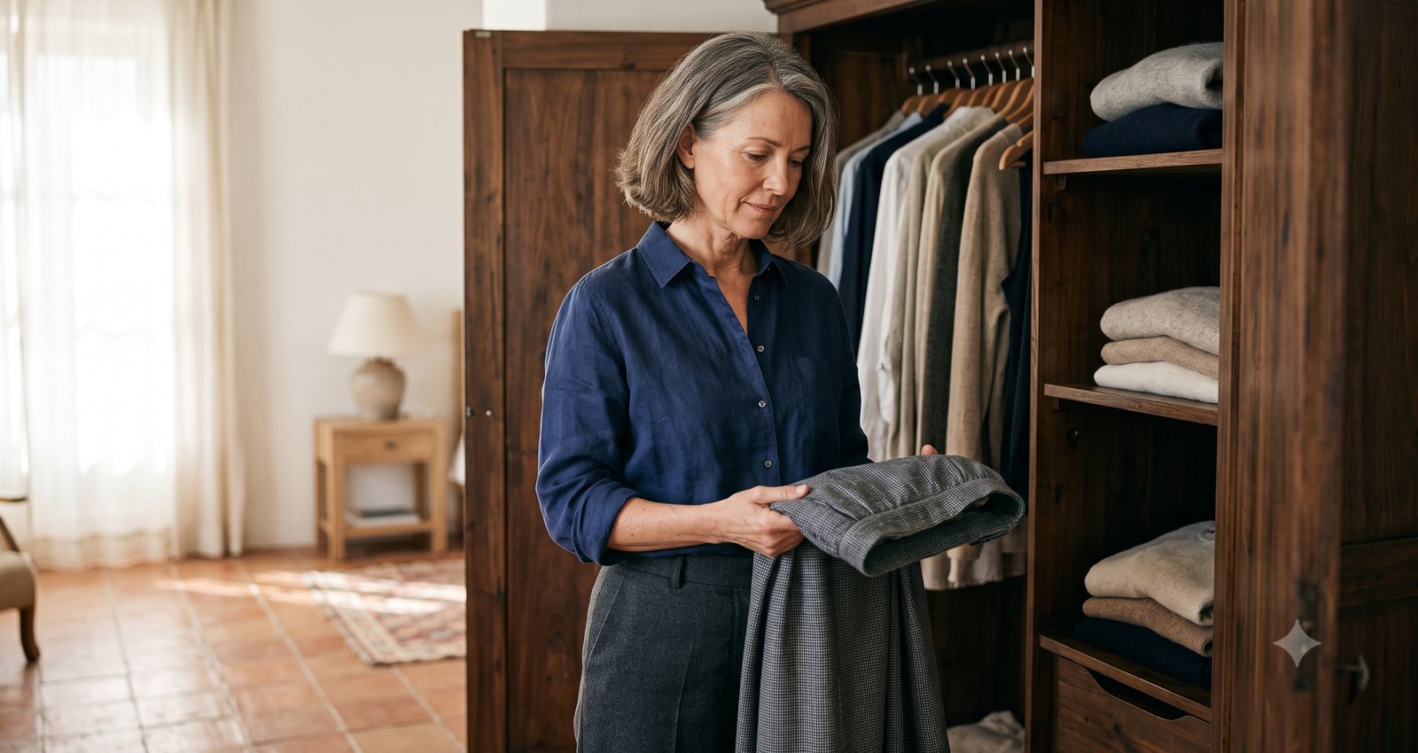 Een vrouw bij haar kledingkast met een opgevouwen kledingstuk dat ze niet meer draagt